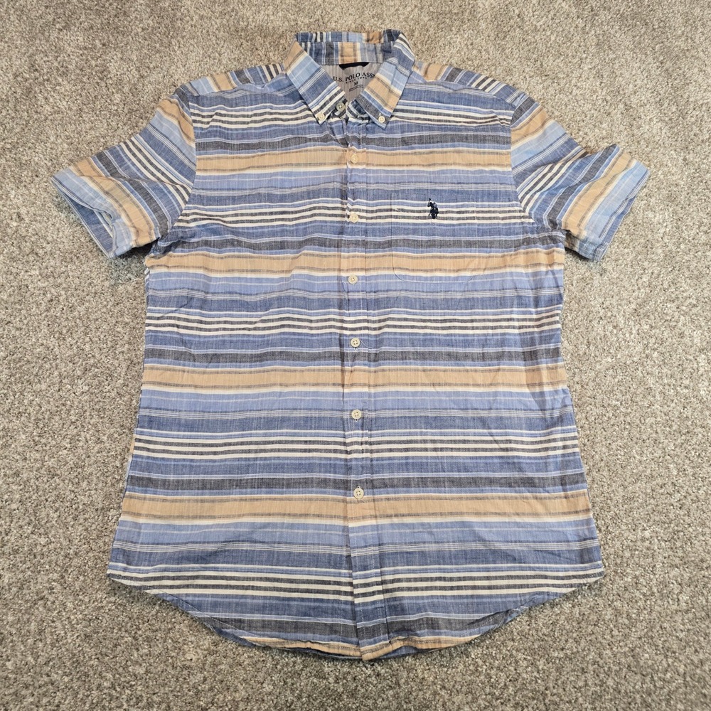 US Polo Assn Mens Blue Tan Striped Short Sleeve Button Down Shirt Medium 11C443